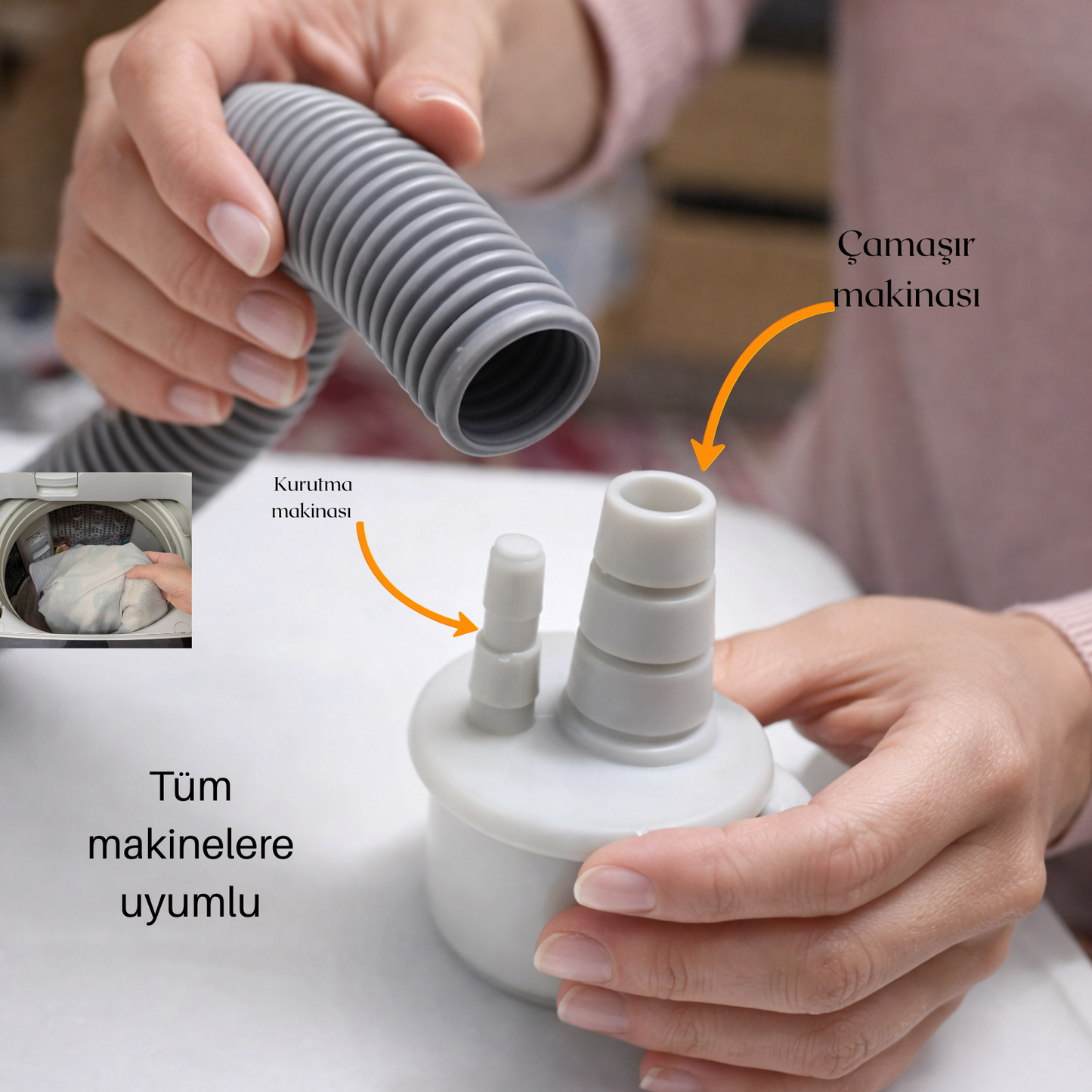 Kombi ve Tekli Çamaşır Makinası Adaptörü - 50mm Çıkışlı, Patentli