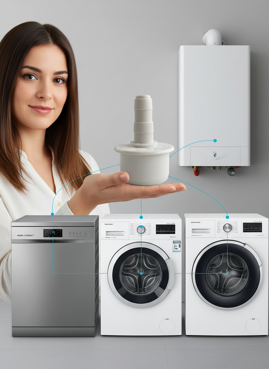 Kombi ve Tekli Çamaşır Makinası Adaptörü - 50mm Çıkışlı, Patentli